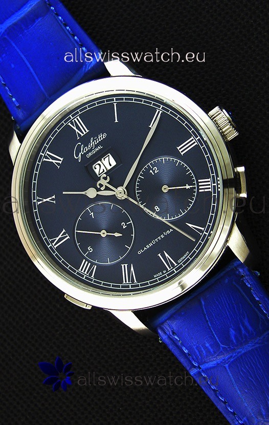 Glashuette Dual Sub Dial Japanese Replica Watch in Blue Dial