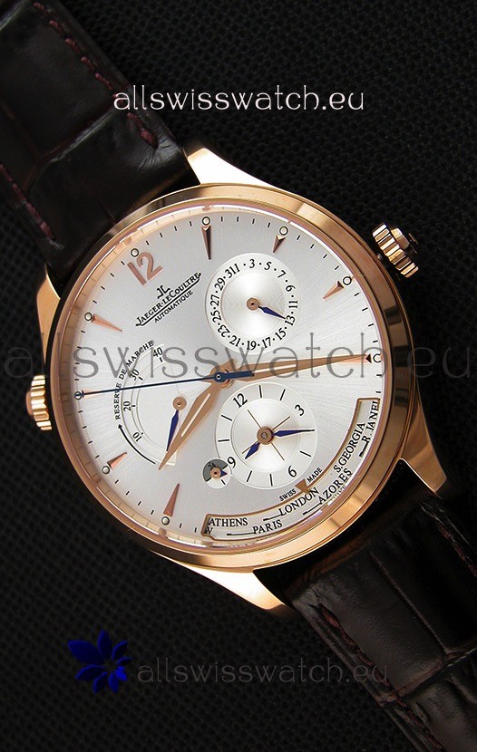Jaeger LeCoultre Master Geographic Power Reserve Pink Gold Steel White Dial Swiss Replica Watch 