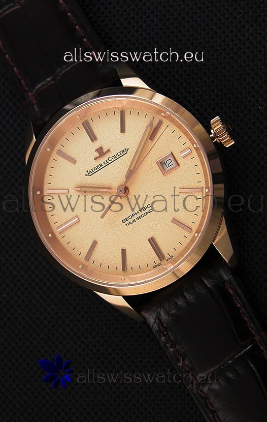 Jaeger LeCoultre Geophysic True Second Pink Gold Swiss Replica Watch Gold Dial 