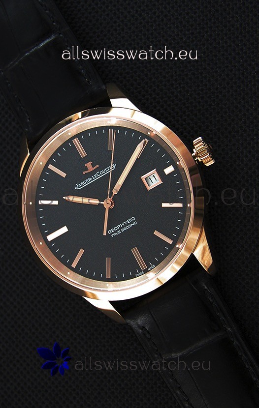 Jaeger LeCoultre Geophysic True Second Pink Gold Swiss Replica Watch Black Dial 