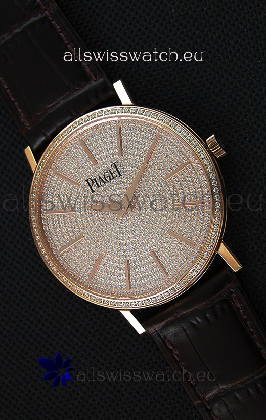 Piaget Altiplano G0A36128 Paved Diam Dial Swiss Quartz Replica Watch in Pink Gold Case