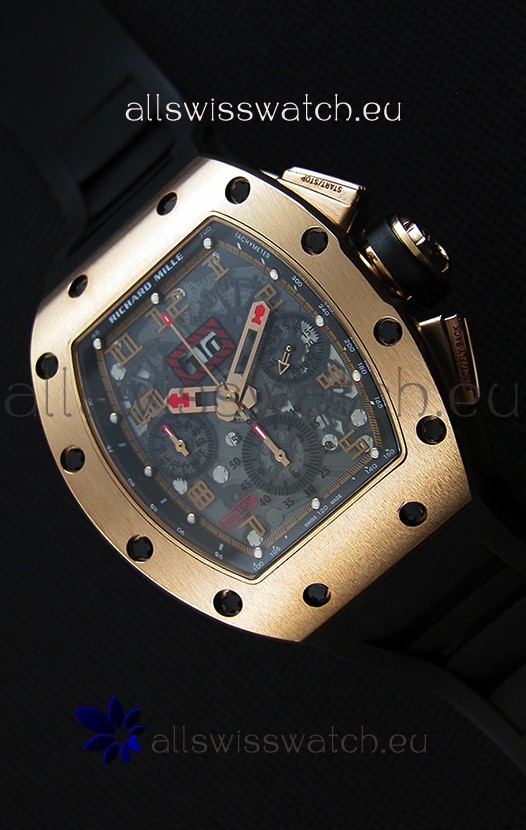 Richard Mille RM011-FM Felipe Massa Pink Gold Plated Titanium Case Watch in Black Strap