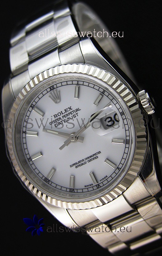 Rolex Datejust 36MM Cal.3135 Movement Swiss Replica White Dial Oyster Strap - Ultimate 904L Steel Watch 