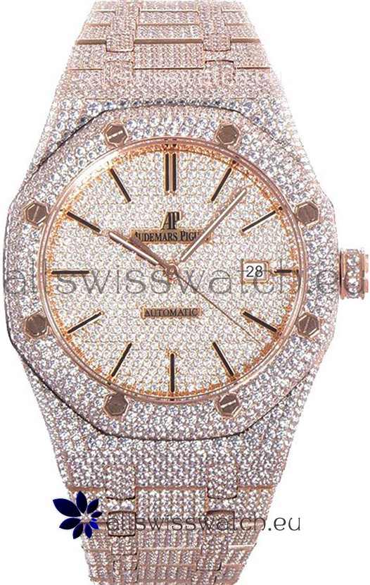 Audemars Piguet Royal Oak 15400 Iced Out Stick Markers Dial in Rose Gold Casing Swiss Replica Watch