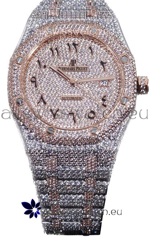 Audemars Piguet Royal Oak 15400 Iced Out Arabic Dial in Two Tone Rose Gold Casing Swiss Replica Watch