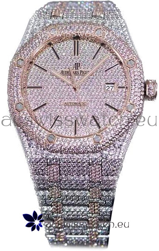 Audemars Piguet Royal Oak 15400 Iced Out Stick Markers Dial in Two Tone Rose Gold Casing Swiss Replica Watch