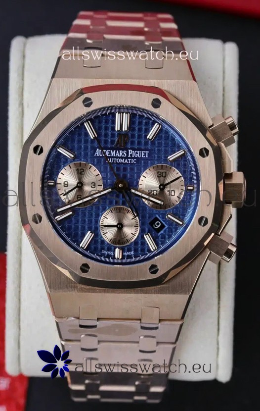 Audemars Piguet Royal Oak Chronograph Rose Gold Blue Dial Steel Strap Swiss Replica Watch