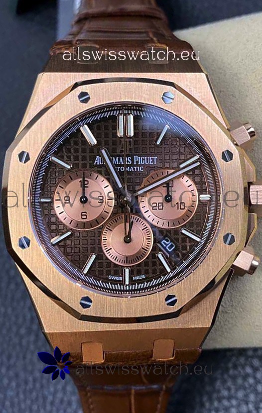 Audemars Piguet Royal Oak Chronograph Rose Gold Brown Dial Leather Strap Swiss Replica Watch