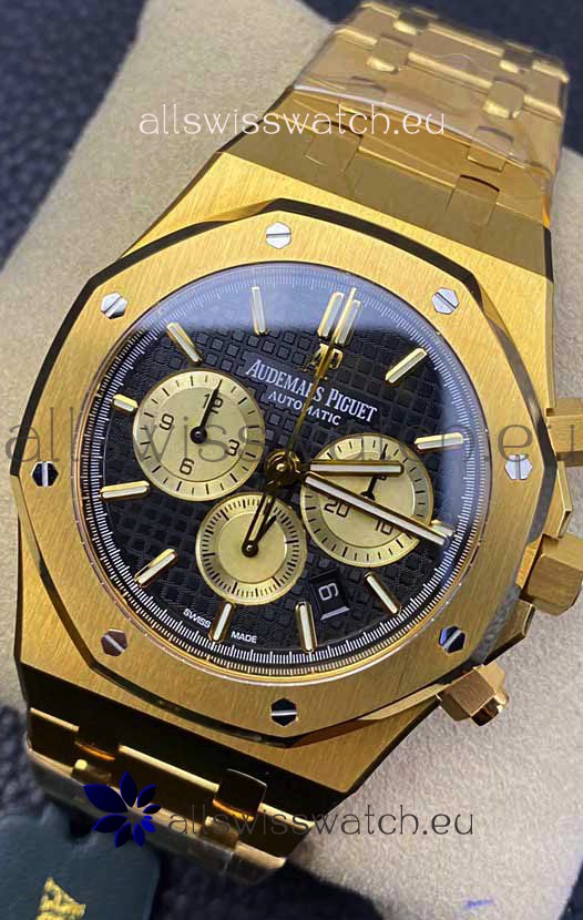Audemars Piguet Royal Oak Chronograph Yellow Gold Black Dial Steel Strap Swiss Replica Watch