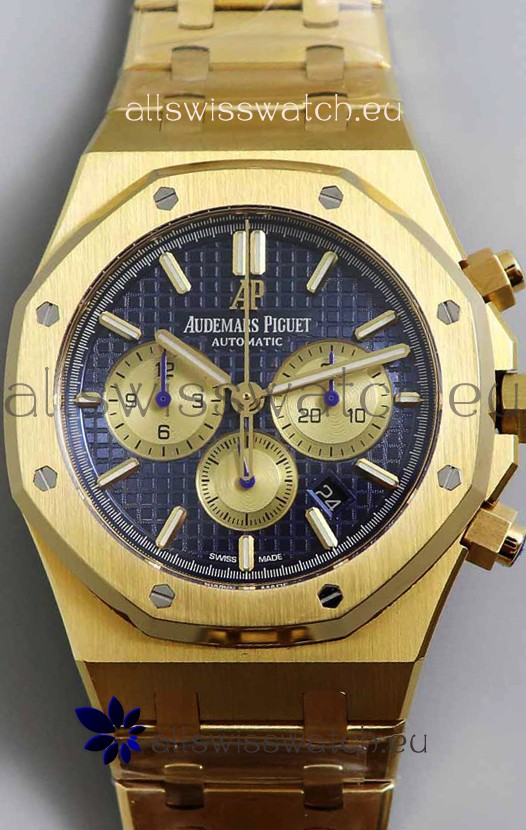 Audemars Piguet Royal Oak Chronograph Yellow Gold Blue Dial Steel Strap Swiss Replica Watch