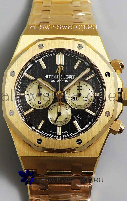Audemars Piguet Royal Oak Chronograph Yellow Gold Black Dial Steel Strap Swiss Replica Watch