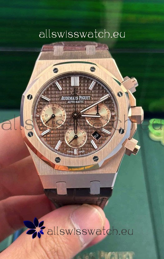 Audemars Piguet Royal Oak Chronograph Rose Gold Brown Dial Leather Strap Swiss Replica Watch
