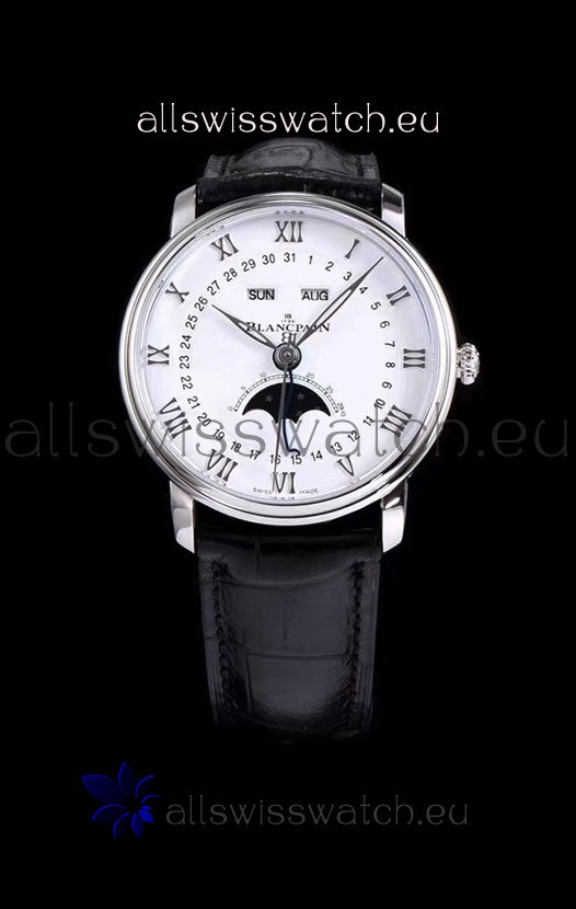 Blancpain "Villeret Quantième Complet" 904L Steel Swiss Watch in White Dial