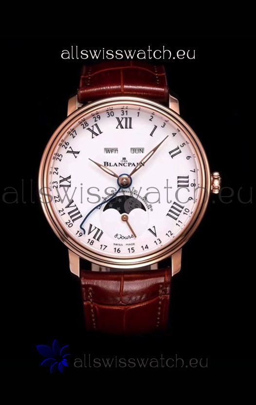 Blancpain "Villeret Quantième Complet" 904L Steel Rose Gold Watch in White Dial