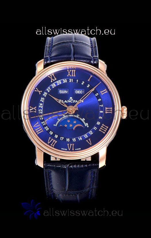 Blancpain "Villeret Quantième Complet" 904L Steel Rose Gold Watch in Blue Dial