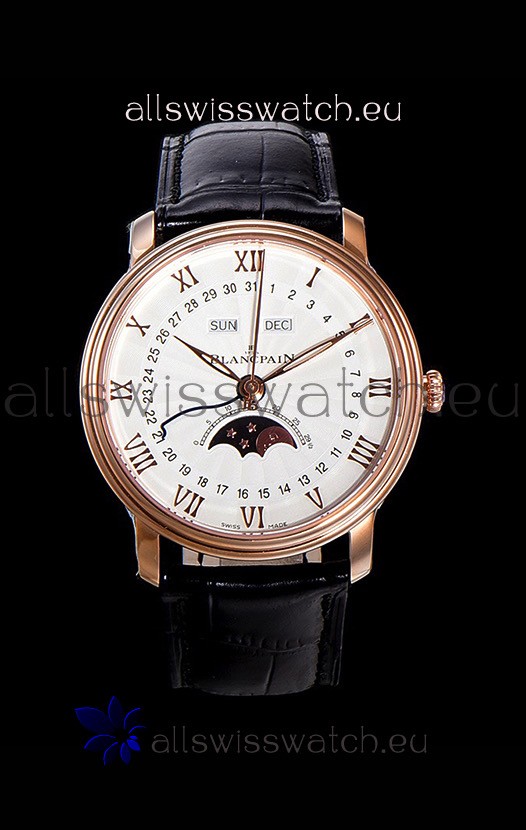 Blancpain "Villeret Quantième Complet" 904L Steel Rose Gold Watch in White Dial