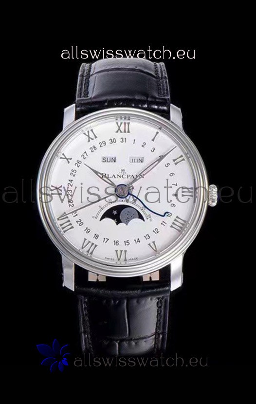 Blancpain "Villeret Quantième Complet" 904L Steel Swiss Watch in Off-White Dial