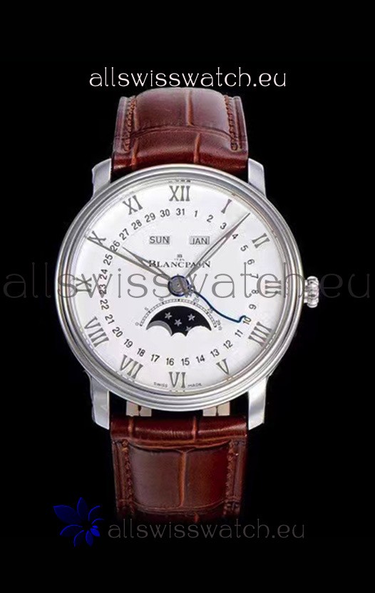 Blancpain "Villeret Quantième Complet" 904L Steel Swiss Watch in Off-White Dial