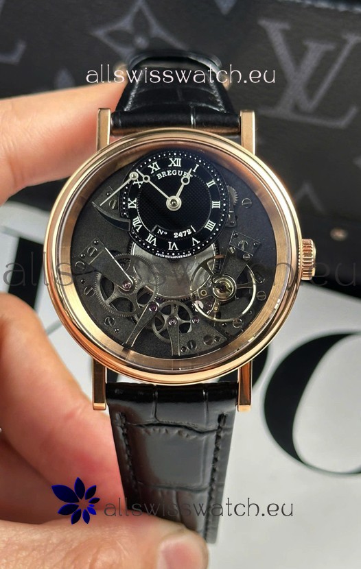 Breguet Tradition 7057BR/R9/9W6 Rose Gold Casing Single Tourbillon Swiss Replica Black Strap Watch