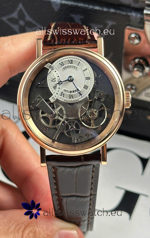 Breguet Tradition 7057BR/R9/9W6 Rose Gold Casing Single Tourbillon Swiss Replica Brown Strap Watch