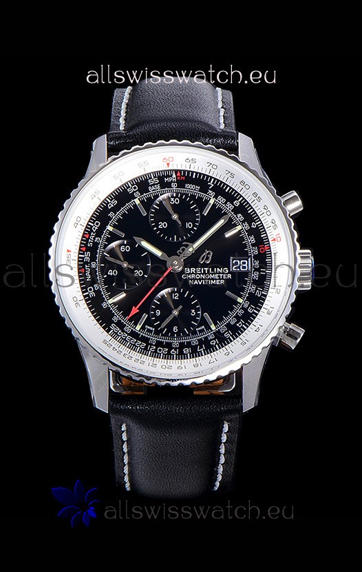 Breitling Navitimer 1 Chronograph 41MM Swiss Watch Black Dial in 904L Steel - Leather Strap