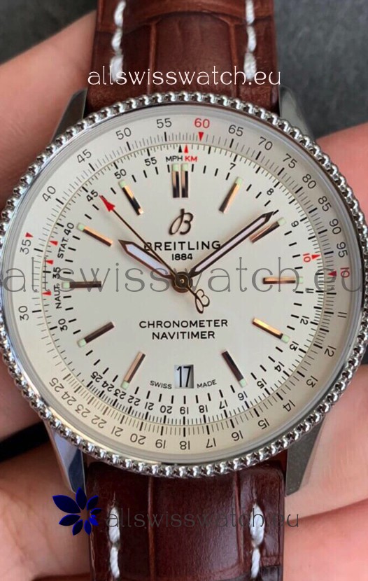 Breitling Navitimer 1 Automatic Swiss Replica Watch in White Dial - Brown Leather Strap