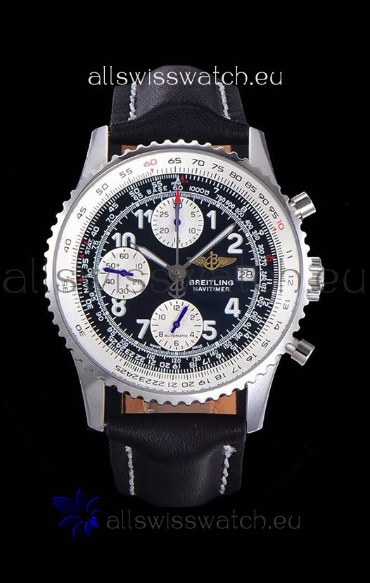 Breitling Navitimer Chronograph 41MM Swiss Replica Watch in 904L Steel Casing - Black Leather Strap