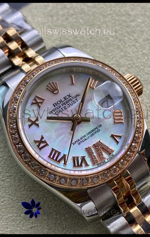 Rolex Datejust 28MM Swiss Replica in 904L Rose Gold Two Tone Case in Pearl Dial - 1:1 Mirror Replica
