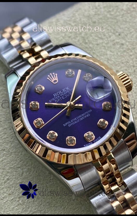 Rolex Datejust 28MM Swiss Replica in 904L Rose Gold Two Tone Case in Purple Dial - 1:1 Mirror Replica