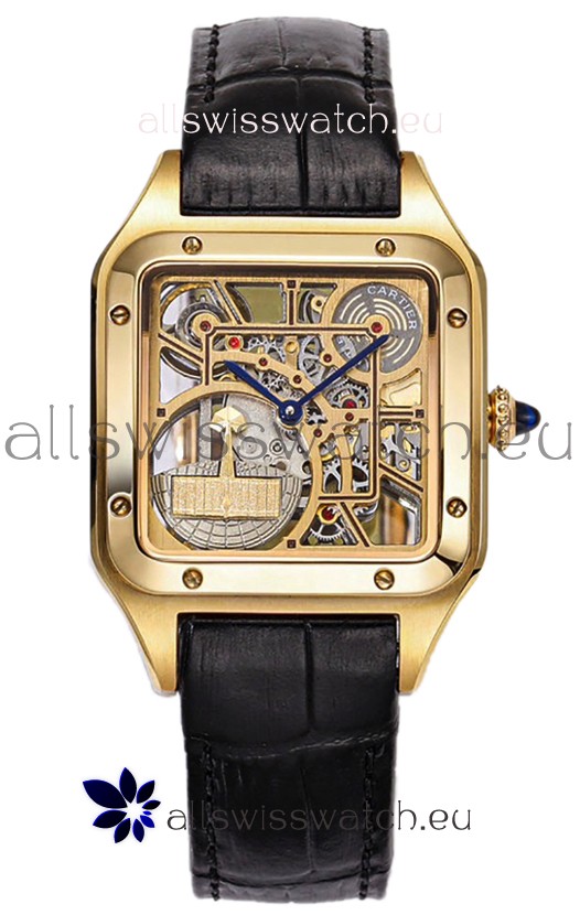 Cartier Santos Dumont Skeleton Yellow Gold Watch in Black Leather Strap 43.5MM