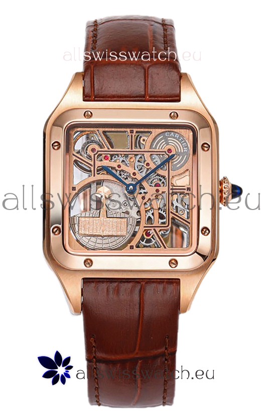 Cartier Santos Dumont Skeleton Rose Gold Watch in Brown Leather Strap 43.5MM