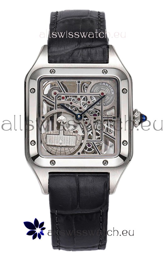 Cartier Santos Dumont Skeleton Stainless Steel Watch in Black Leather Strap 43.5MM