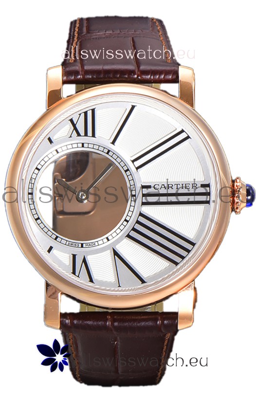 Rotonde De Cartier in Rose Gold Casing - Leather Strap Swiss Quartz Replica Watch 