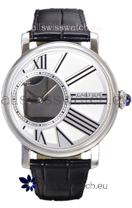 Rotonde De Cartier in Stainless Steel Casing - Leather Strap Swiss Quartz Replica Watch 