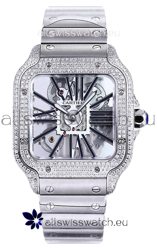 Santos De Cartier Watch in Skeleton Dial - Diamonds Bezel in Steel Casing Swiss Replica