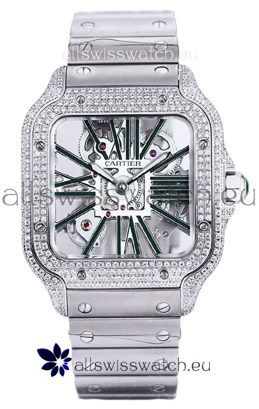 Santos De Cartier Watch in Skeleton Dial - Diamonds Bezel in Steel Casing Swiss Replica