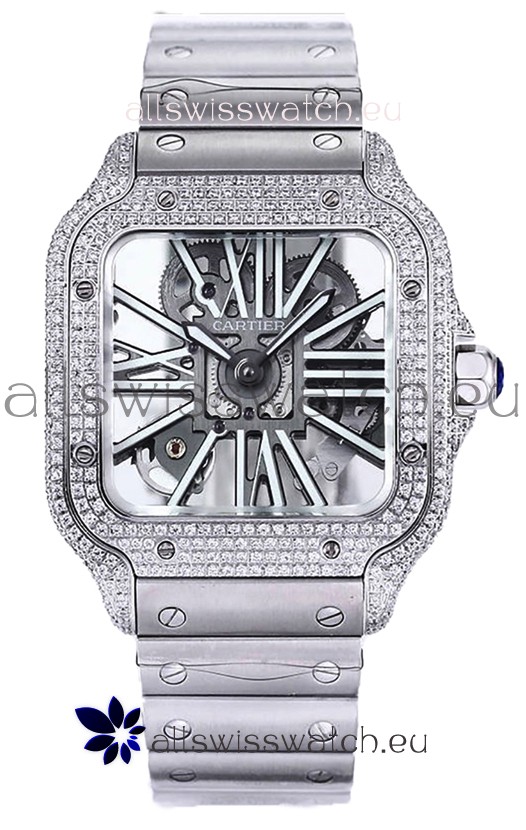 Santos De Cartier Watch in Skeleton Dial - Diamonds Bezel in Steel Casing Swiss Replica
