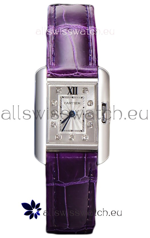 Cartier Tank Anglaise Stainless Steel Watch in Purple Leather Strap Swiss Quartz Watch 30MM