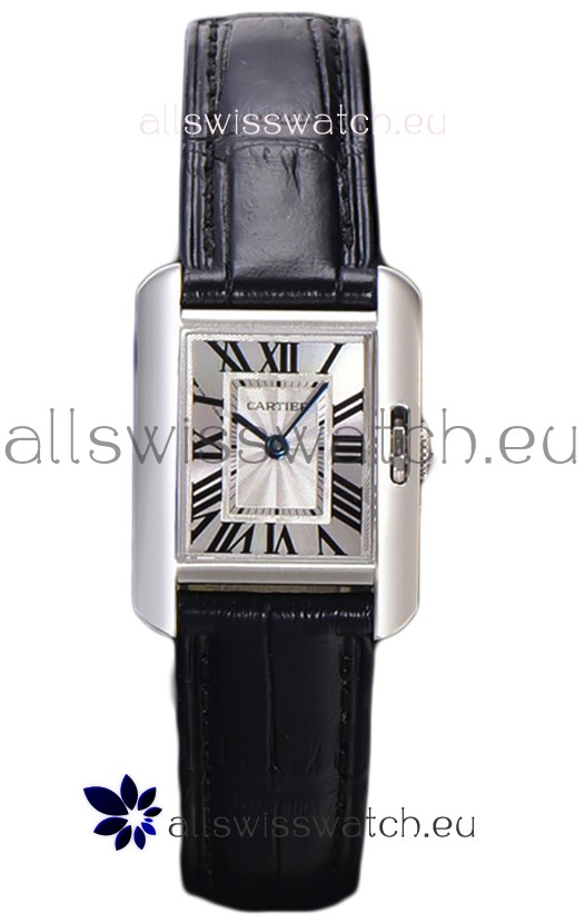Cartier Tank Anglaise Stainless Steel Watch in Black Leather Strap Swiss Quartz Watch 30MM