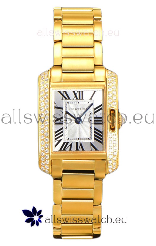 Cartier Tank Anglaise Yellow Gold Watch in Steel Strap Diamonds Bezel Swiss Quartz Watch 30MM