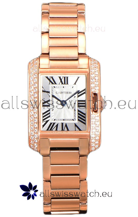 Cartier Tank Anglaise Rose Gold Watch in Steel Strap Diamonds Bezel Swiss Quartz Watch 30MM