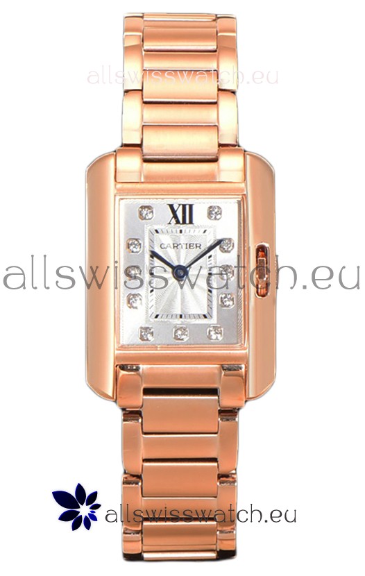 Cartier Tank Anglaise Rose Gold Watch in Steel Strap Diamonds Markers Swiss Quartz Watch 30MM