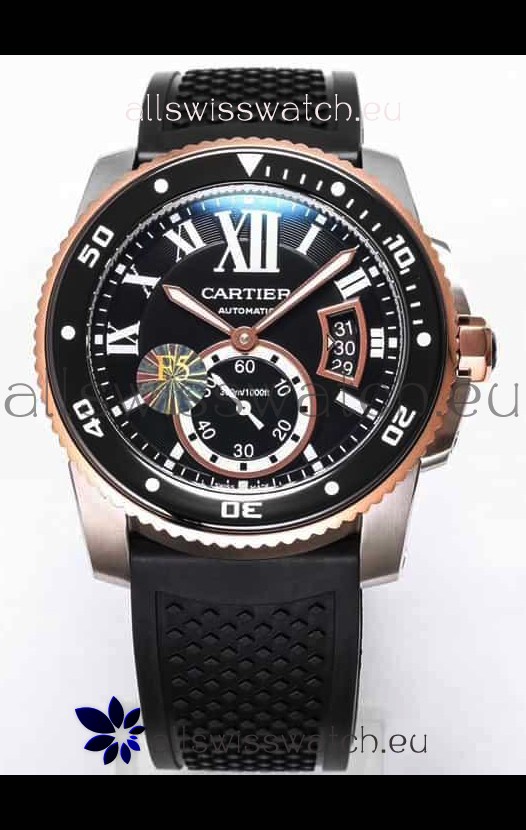 Calibre De Cartier Watch 42MM Black Dial Two Tone Steel Case - 1:1 Mirror Replica Watch