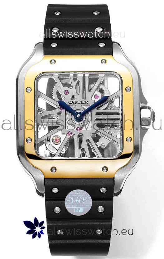 Santos De Cartier Watch in Skeleton Dial - Two Tone Bezel in Rubber Strap 