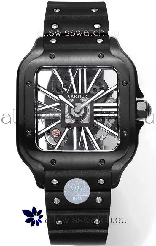 Santos De Cartier Watch in Skeleton Dial - DLC Coated Casing & Bezel in Rubber Strap