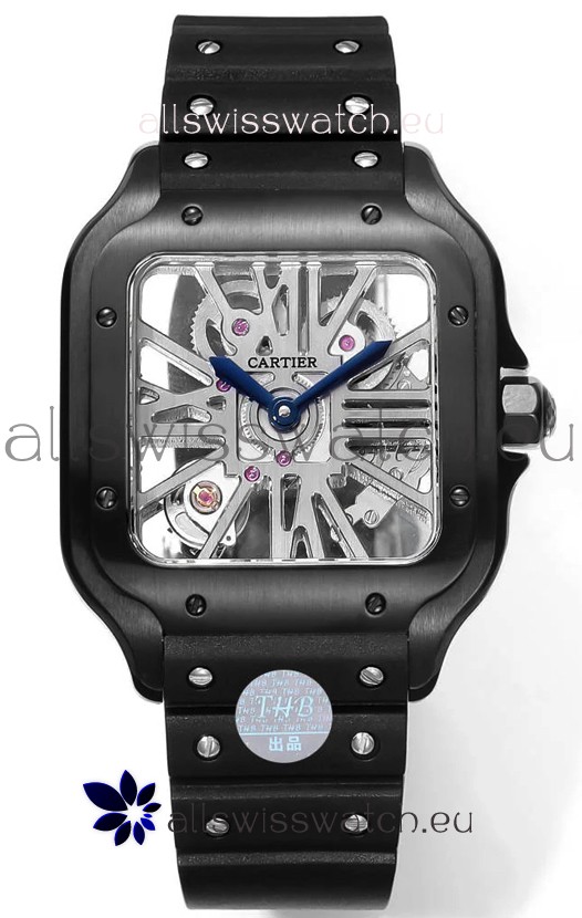Santos De Cartier Watch in Skeleton Dial - DLC Coated Casing in Rubber Strap