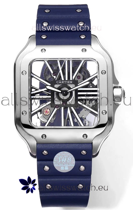 Santos De Cartier Watch in Skeleton Dial - Stainless Steel Casing Blue Rubber Strap