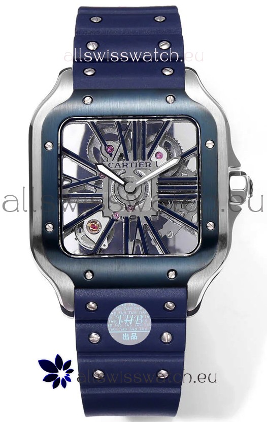 Santos De Cartier Watch in Skeleton Dial - Stainless Steel Casing Rubber Strap