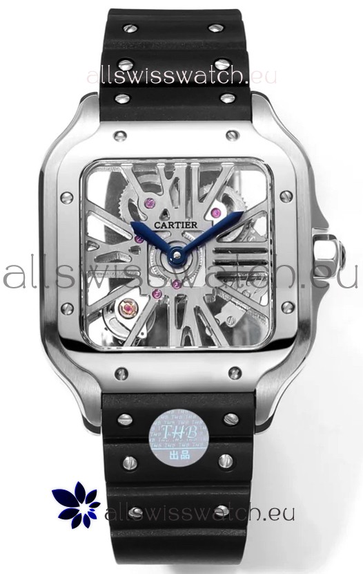 Santos De Cartier Watch in Skeleton Dial - Stainless Steel Casing & Bezel Black Rubber Strap