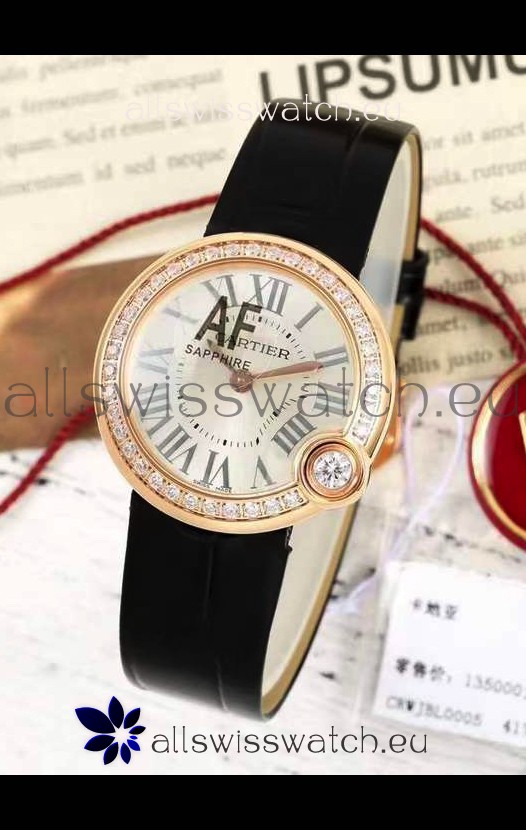 Ballon Blanc De Cartier Swiss Quartz Replica Watch Diamonds Bezel Rose Gold Casing Leather Strap 